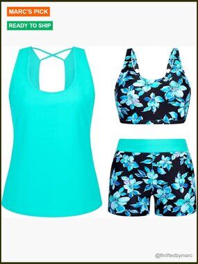 3 Piece Tankini Swim Set with Shorts Modest Plus Size Swimwear